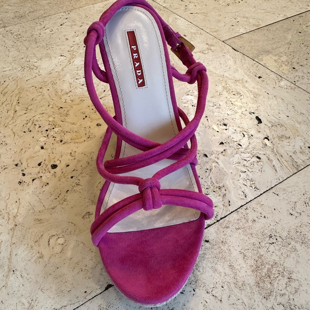 Prada, Fuscia Suede Raffia-Wrapped Espadrille Wedge Sandal, NWOT, Size 7 - Picture 9 of 10
